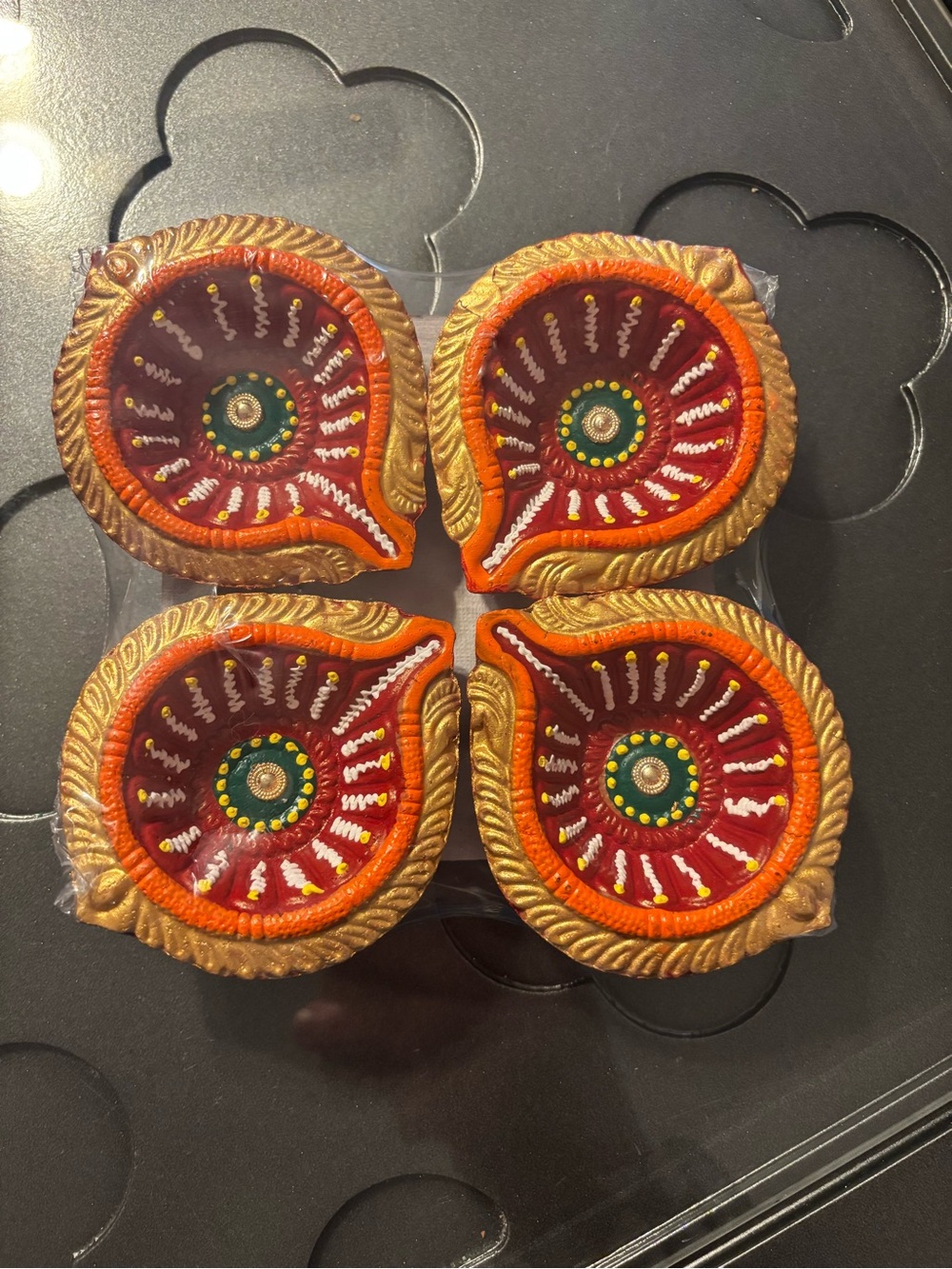 Hand-Painted Red & Orange Ceramic Diya Set by
